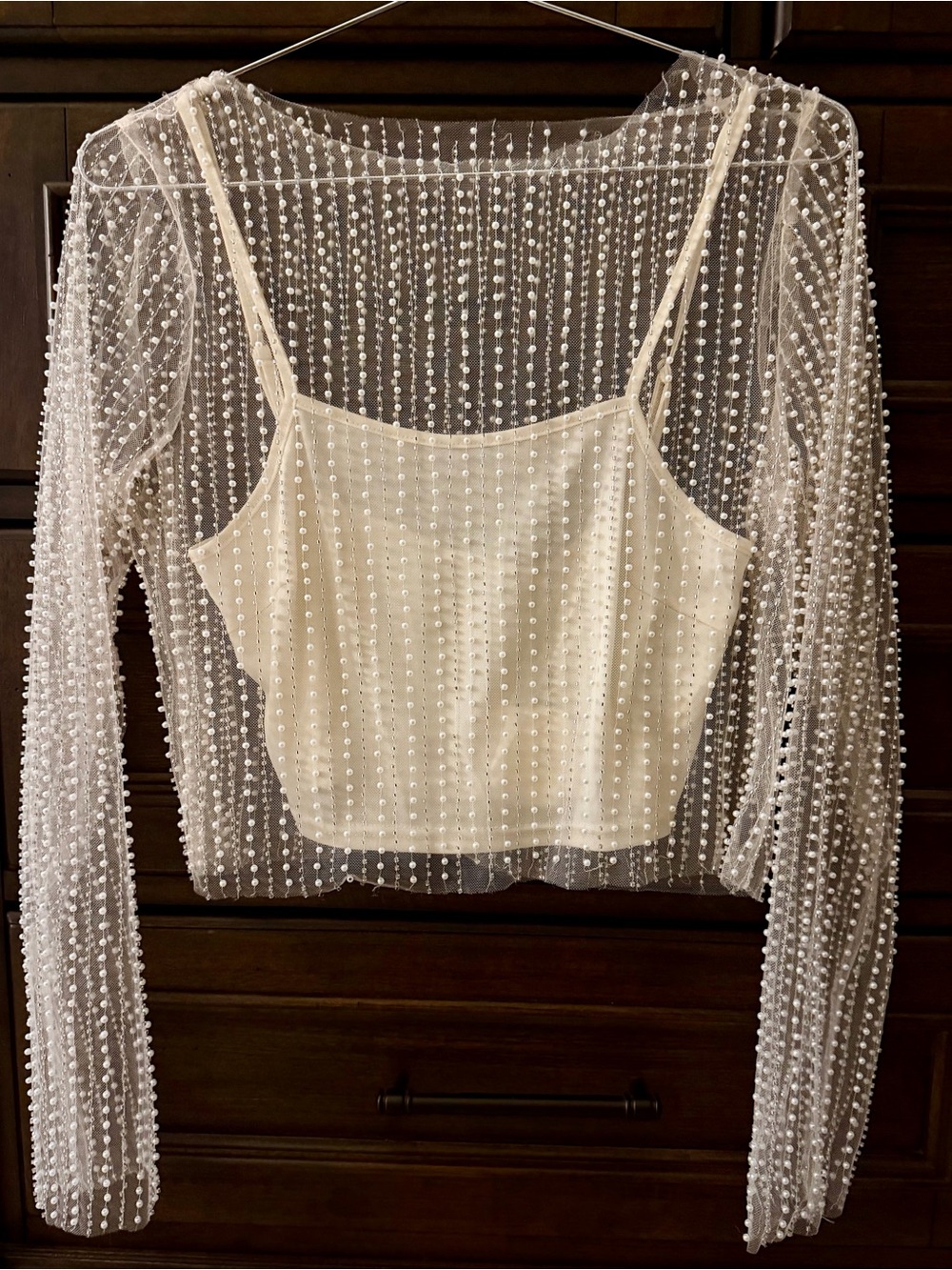 NWT Altar'd State Pearl Embellished Sheer Mesh Long Sleeve Crop Top Ivory XS